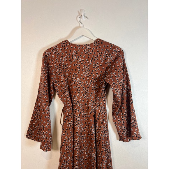 Outerknown Rhiannon Brown Floral Midi Wrap Dress Sz. XS Silk Hemp Relaxed Fit - Picture 10 of 12